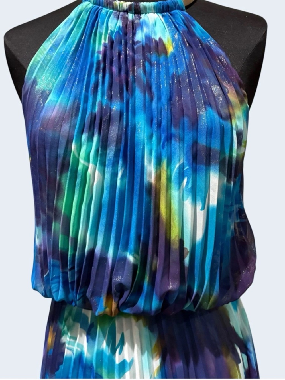 XSCAPE Pleated Blouson Halter Indigo Blue Dress w. Gold Snake Chain - Size 14P - Picture 9 of 14